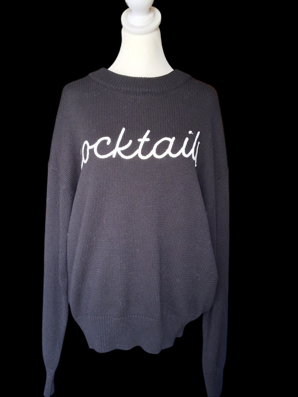 bobeau Black Crewneck Sweater with White "cocktails" Script M